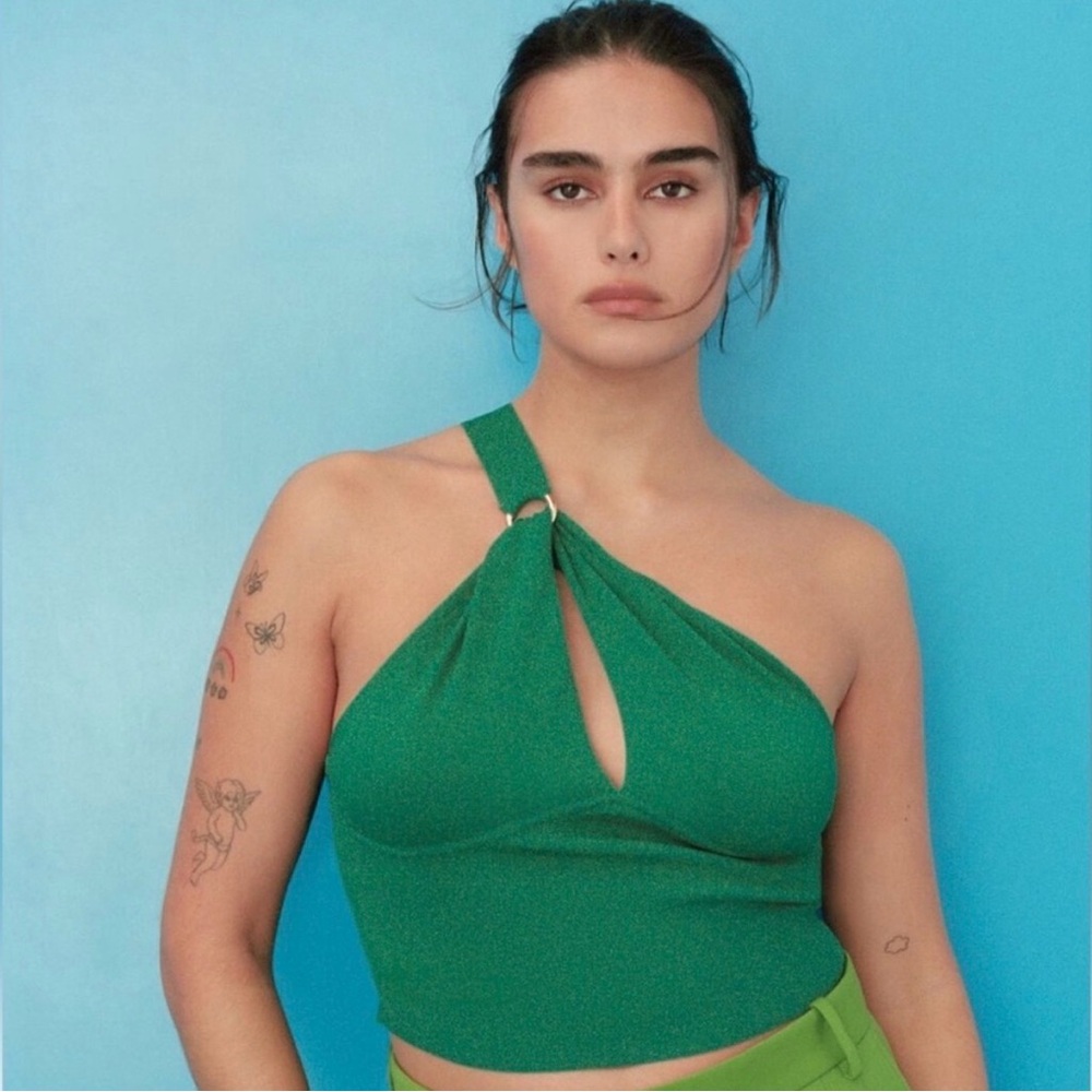 Green One Shoulder Tank with Ring from Zara